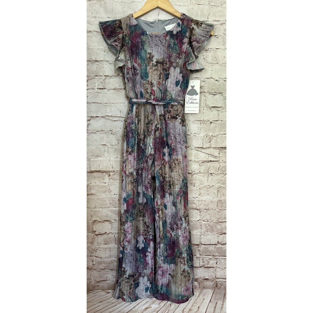 RARE EDITIONS Big Girl Lurex Jumpsuit Size 12 Silver Metallic Glitter Flutter